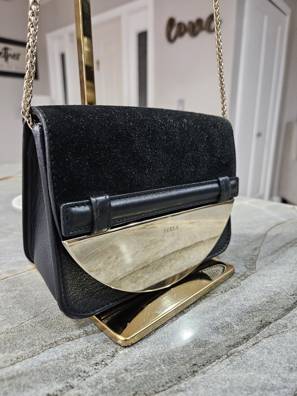 Furla Rare Black Leather Shoulder Bag with Gold Accent Vintage